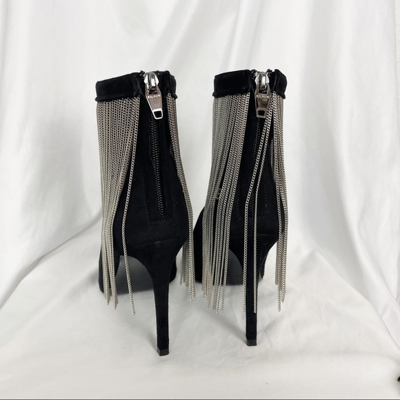 Balmain Mercy Suede Chain Fringe Pointed Toe Stiletto Heeled Ankle Boots Black - Picture 7 of 14